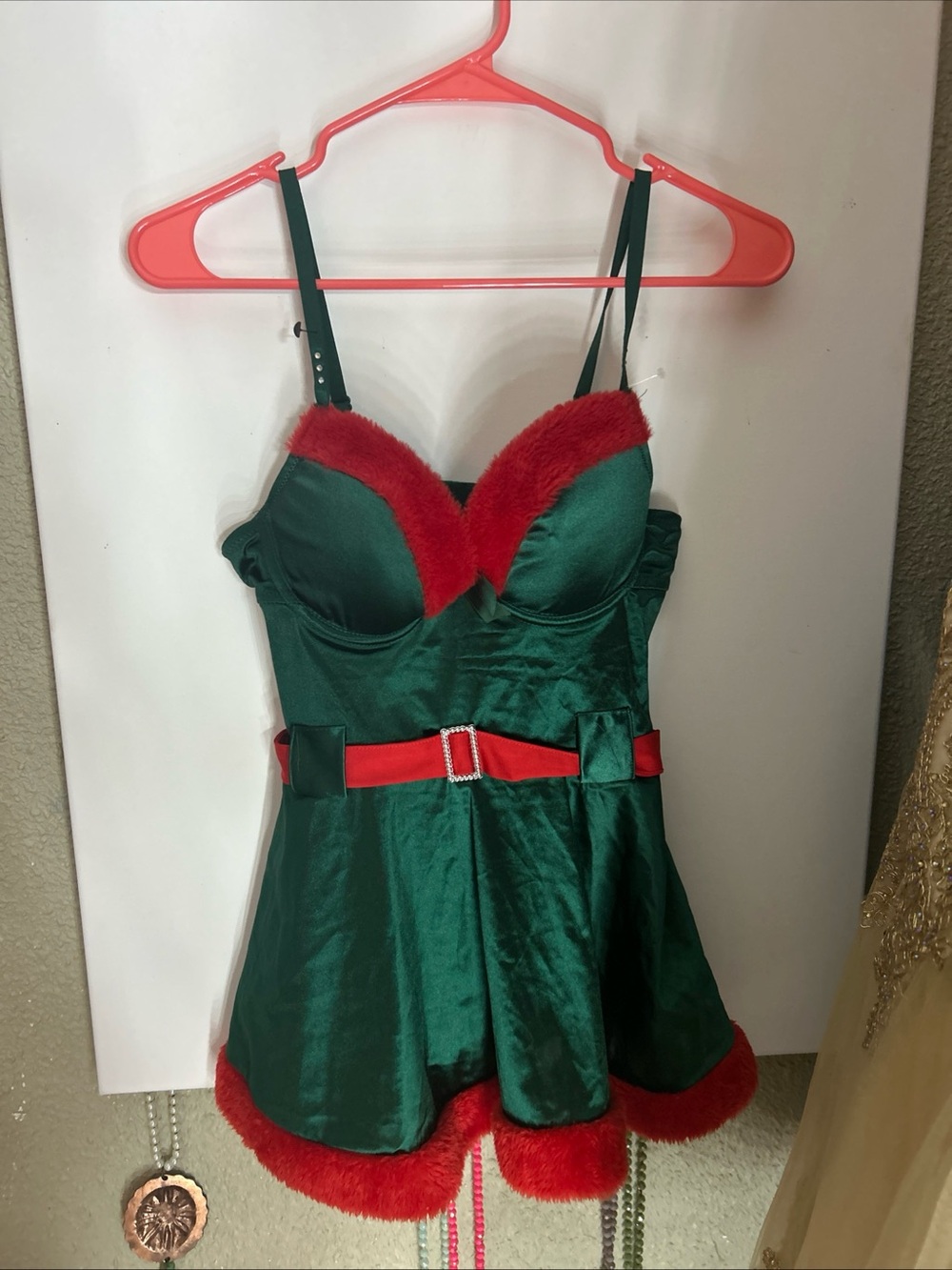 Source Unknown Green Satin Chemise with Red Trim